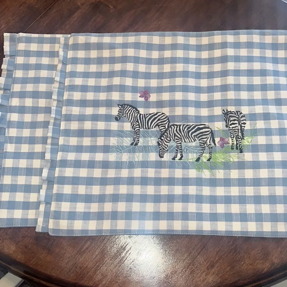 Set of two Blue Checkered Gingham Placement with Ruffles & Embroidery- 19”/14.5”